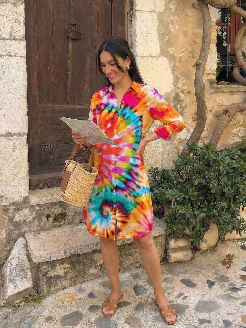 Women's Tie-Dye Shirt Dress with Side Slit for Warm Days