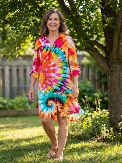 Women's Tie-Dye Shirt Dress with Side Slit for Warm Days