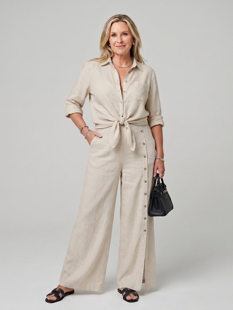 Women's Tie Front Top Set with Wide Leg Pants for Casual