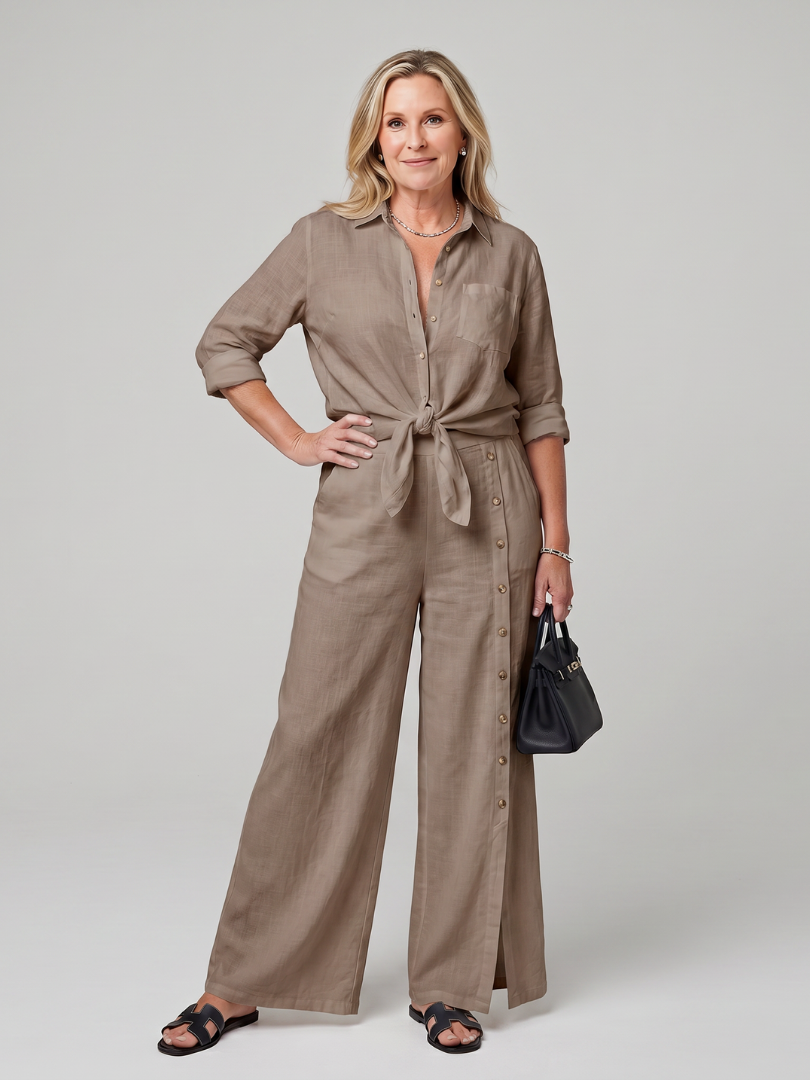 Women's Tie Front Top Set with Wide Leg Pants for Casual