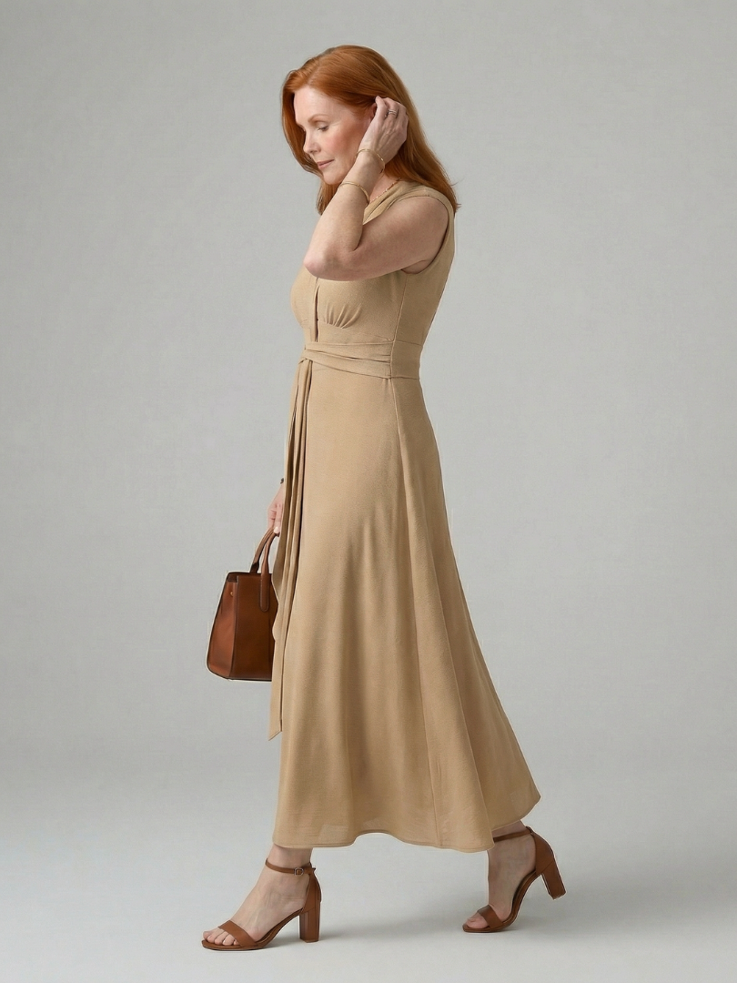 Women's Tie Midi Dress with Waist Tie for Everyday Wear