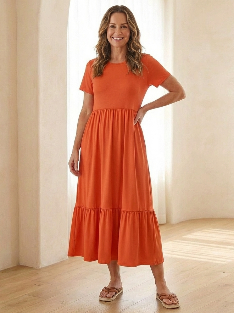 Women's Tiered Midi Dress with Side Pockets for Casual Day