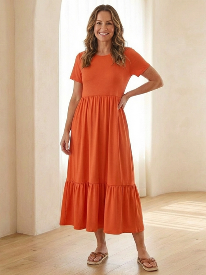 Women's Tiered Midi Dress with Side Pockets for Casual Day