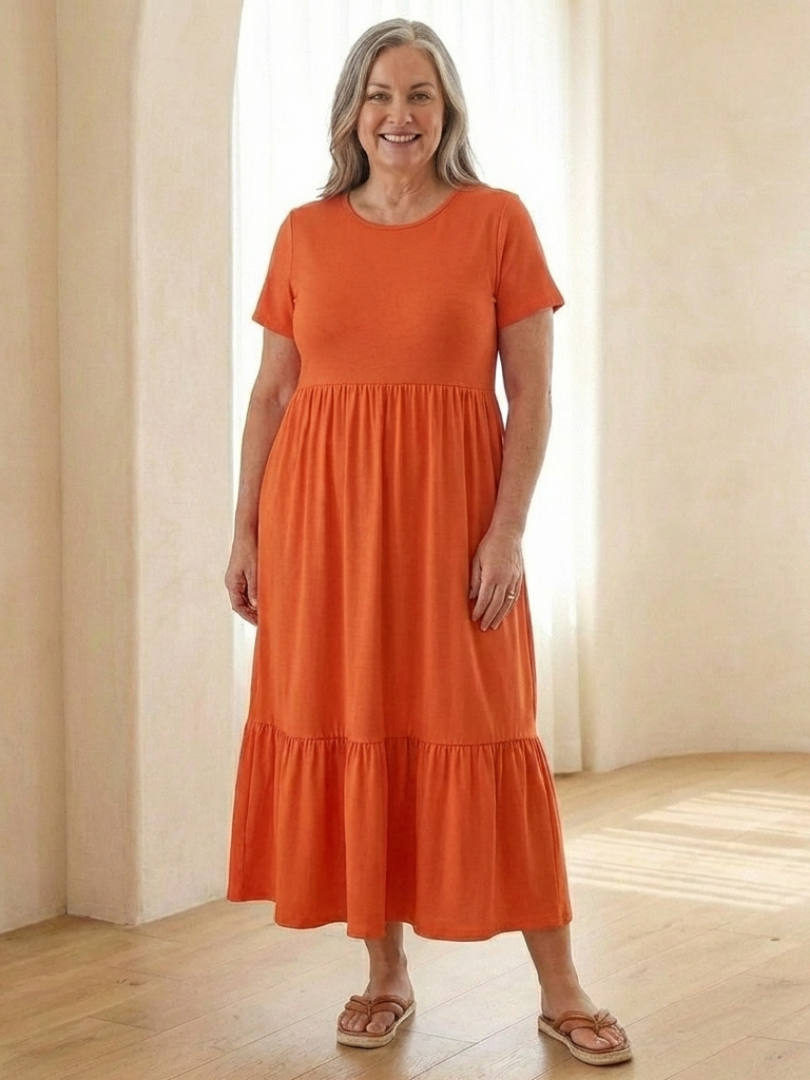 Women's Tiered Midi Dress with Side Pockets for Casual Day