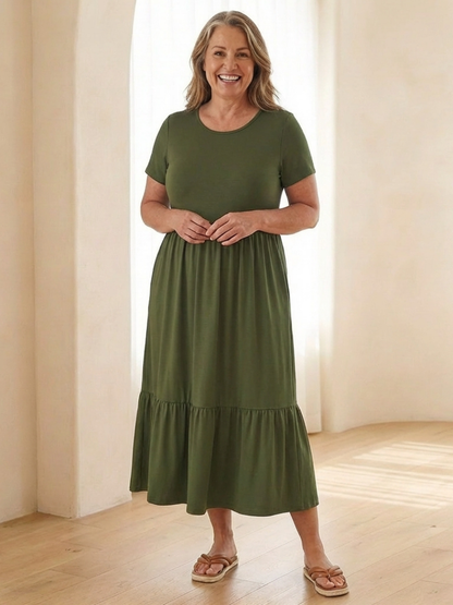 Women's Tiered Midi Dress with Side Pockets for Casual Day