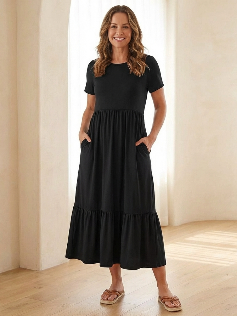 Women's Tiered Midi Dress with Side Pockets for Casual Day