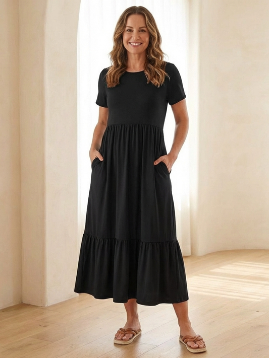 Women's Tiered Midi Dress with Side Pockets for Casual Day