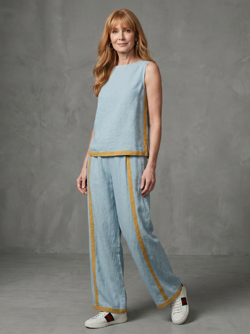 Women's Top & Wide-Leg Pants Set with Trim for Everyday
