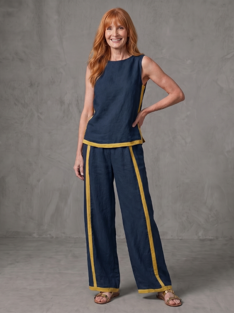 Women's Top & Wide-Leg Pants Set with Trim for Everyday