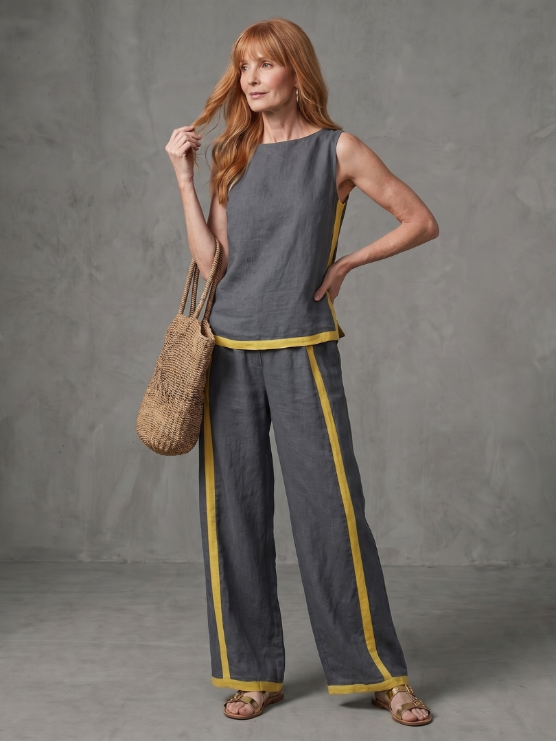 Women's Top & Wide-Leg Pants Set with Trim for Everyday
