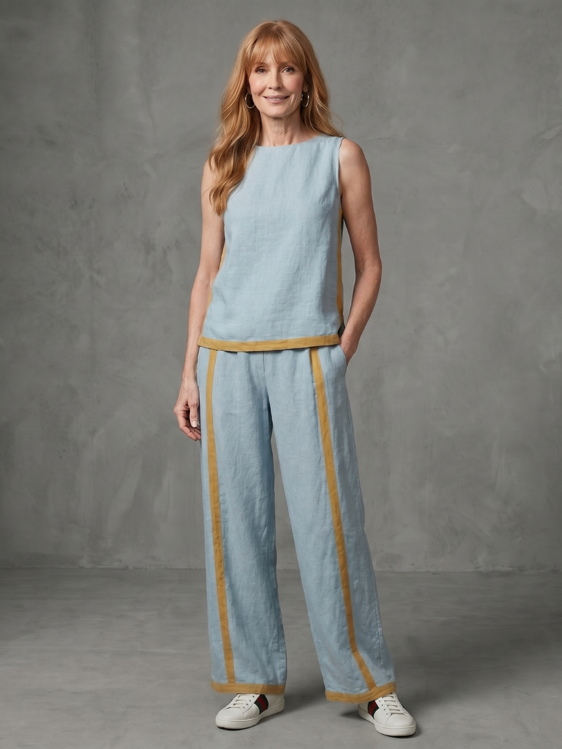 Women's Top & Wide-Leg Pants Set with Trim for Everyday