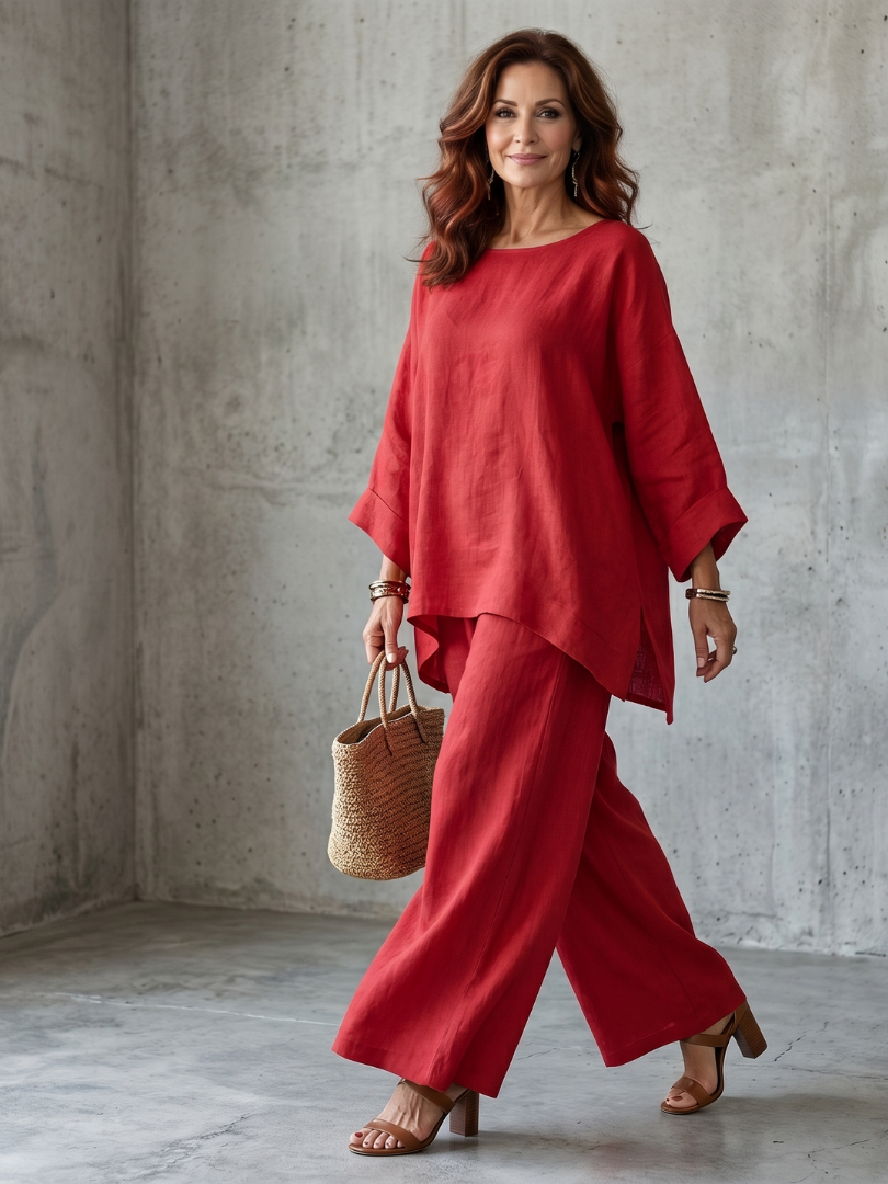 Women's Tunic Set with Breathable Wide Leg Trousers for Home