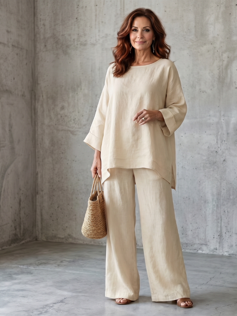 Women's Tunic Set with Breathable Wide Leg Trousers for Home