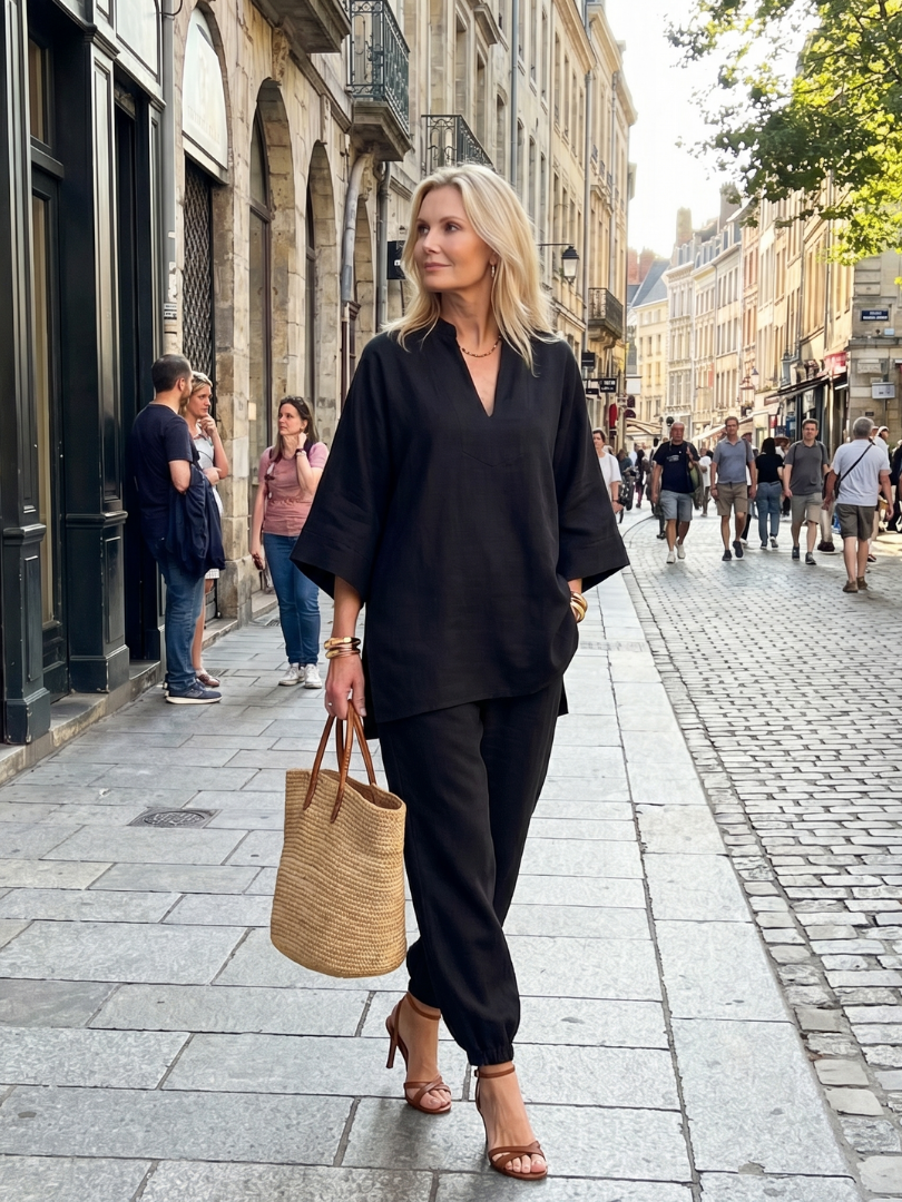 Women's Tunic Set with V-Neck Trousers for Relaxed Days