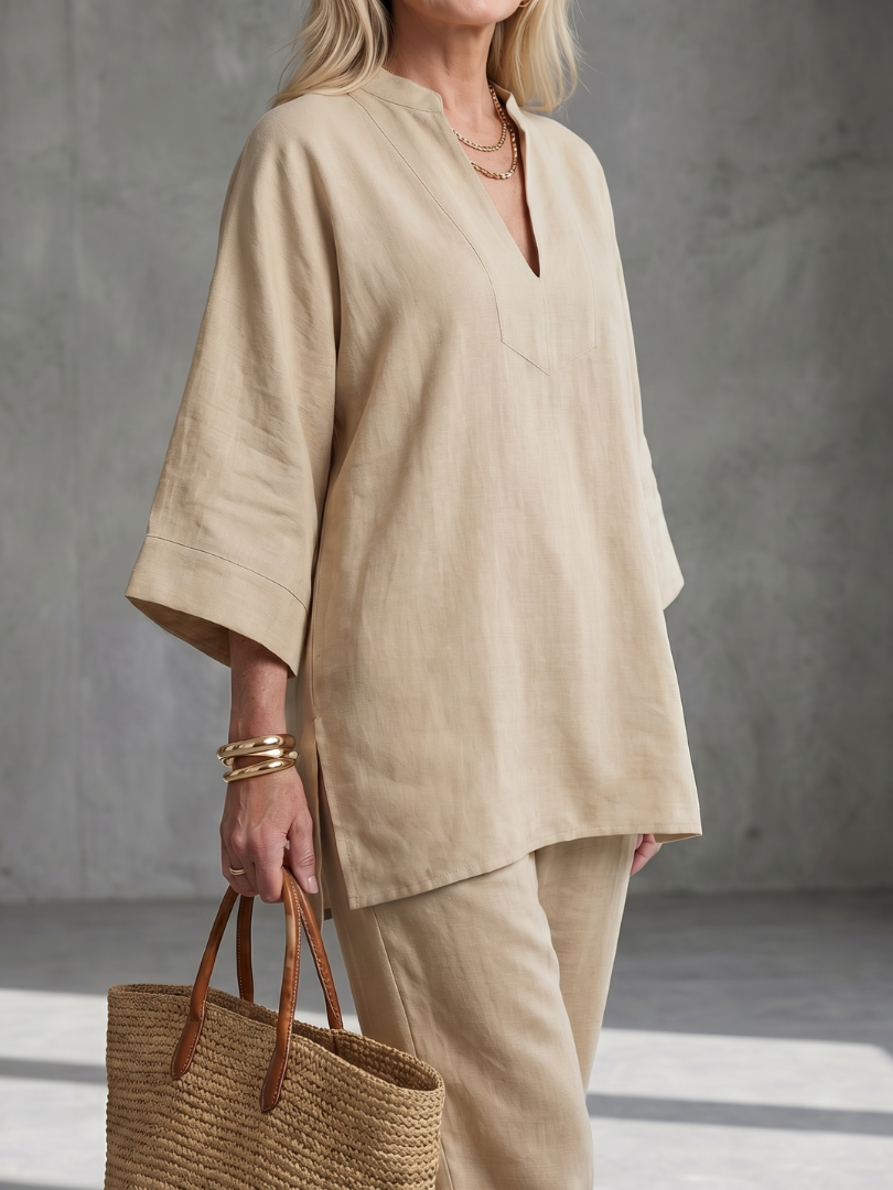 Women's Tunic Set with V-Neck Trousers for Relaxed Days