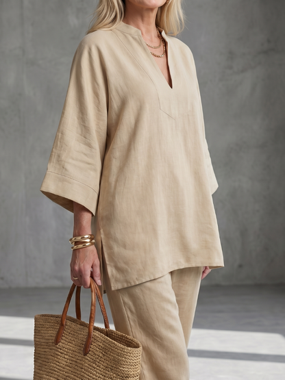 Women's Tunic Set with V-Neck Trousers for Relaxed Days