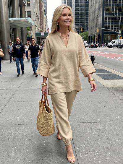 Women's Tunic Set with V-Neck Trousers for Relaxed Days