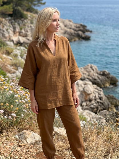 Women's Tunic Set with V-Neck Trousers for Relaxed Days