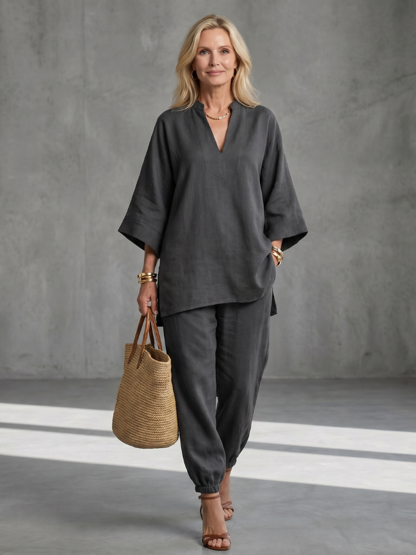 Women's Tunic Set with V-Neck Trousers for Relaxed Days