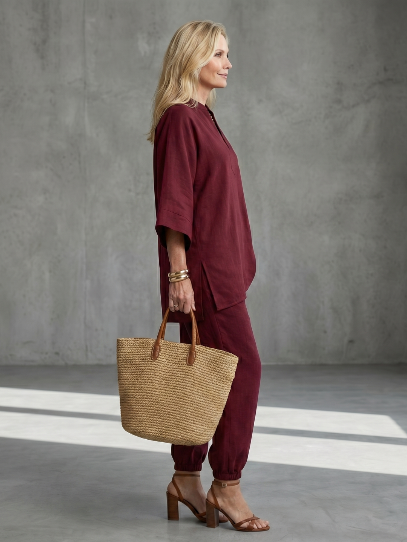 Women's Tunic Set with V-Neck Trousers for Relaxed Days