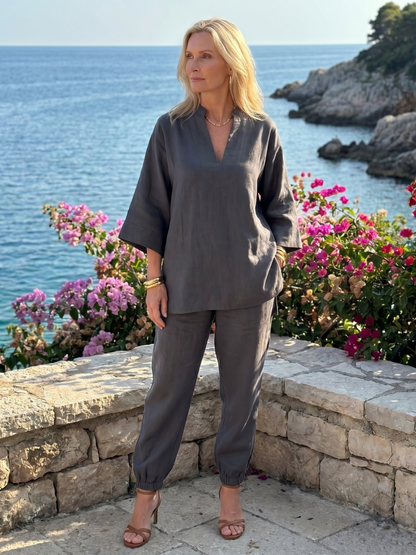 Women's Tunic Set with V-Neck Trousers for Relaxed Days