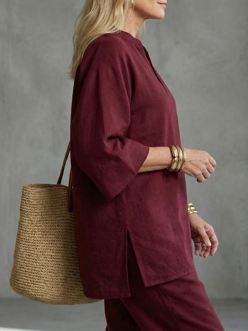 Women's Tunic Set with V-Neck Trousers for Relaxed Days