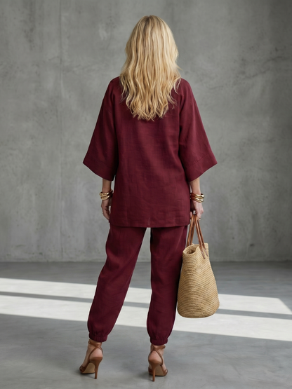 Women's Tunic Set with V-Neck Trousers for Relaxed Days