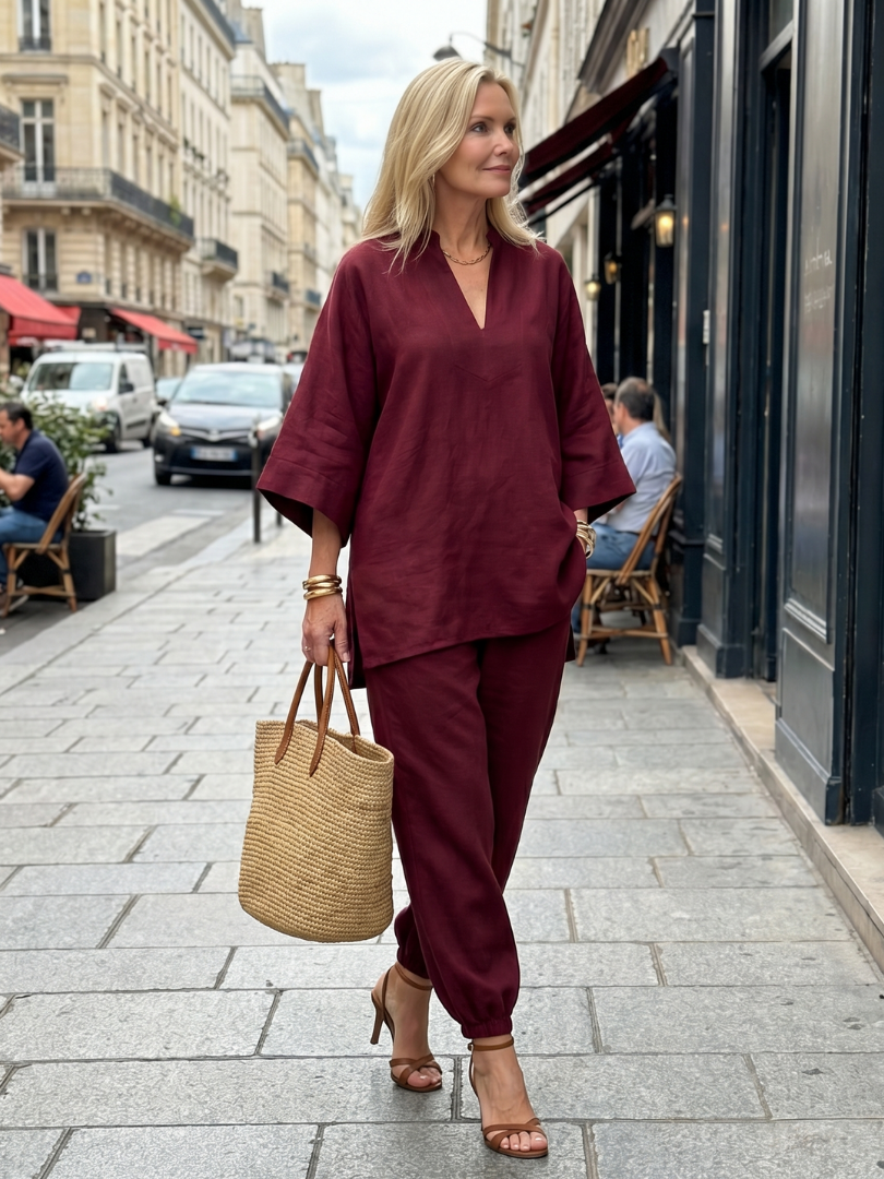 Women's Tunic Set with V-Neck Trousers for Relaxed Days