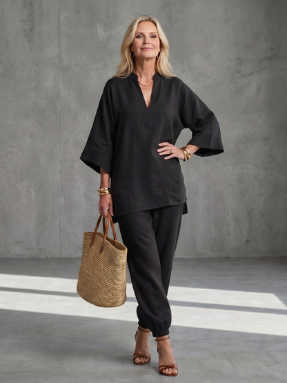 Women's Tunic Set with V-Neck Trousers for Relaxed Days