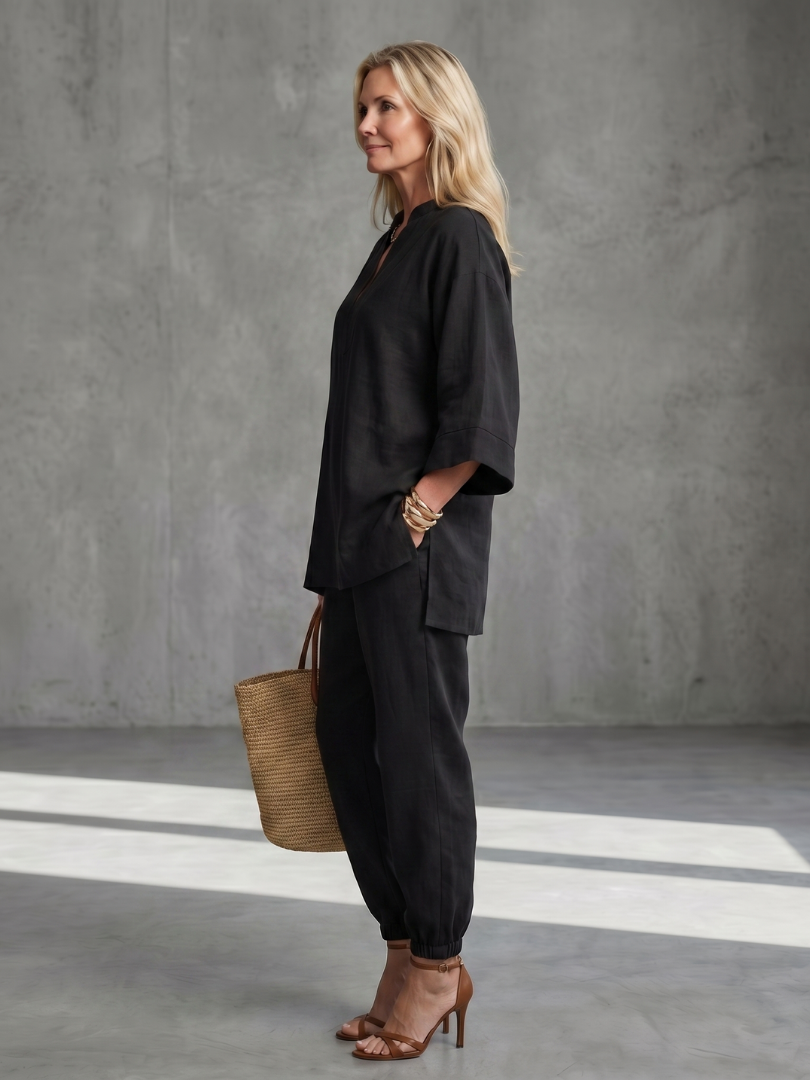 Women's Tunic Set with V-Neck Trousers for Relaxed Days