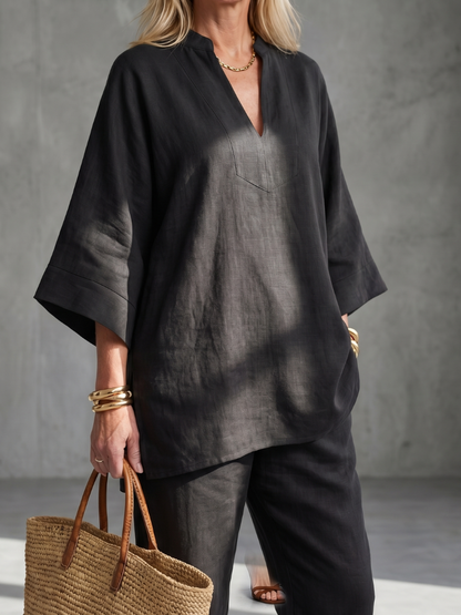 Women's Tunic Set with V-Neck Trousers for Relaxed Days