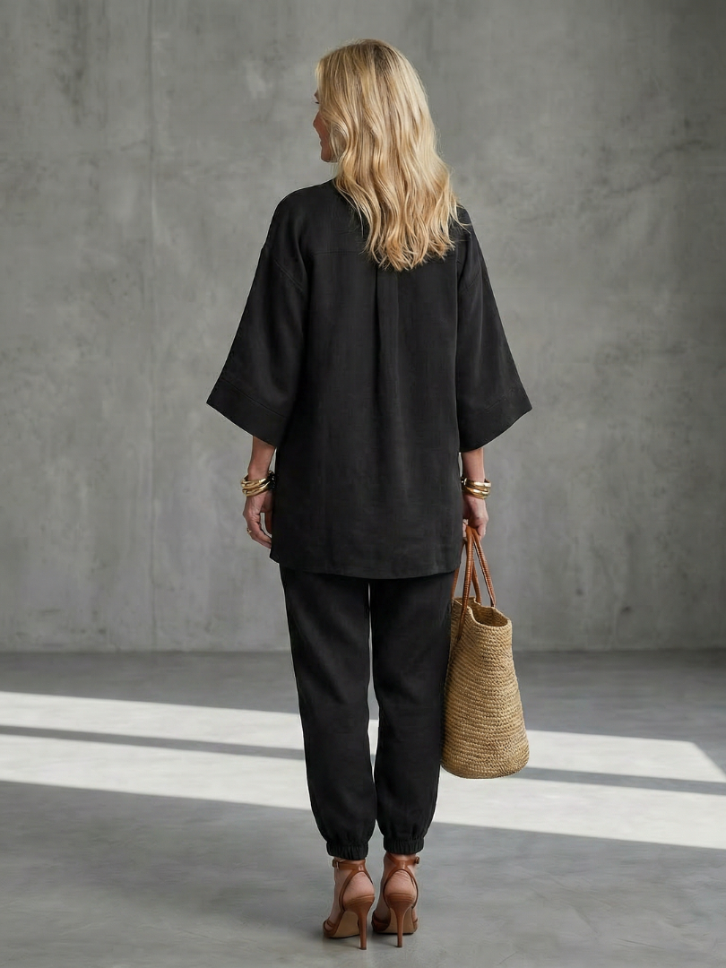 Women's Tunic Set with V-Neck Trousers for Relaxed Days
