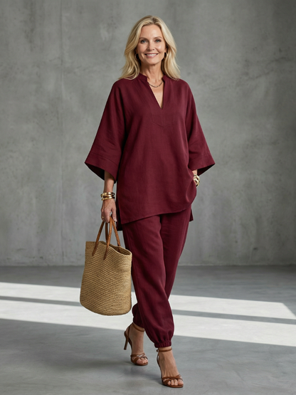 Women's Tunic Set with V-Neck Trousers for Relaxed Days