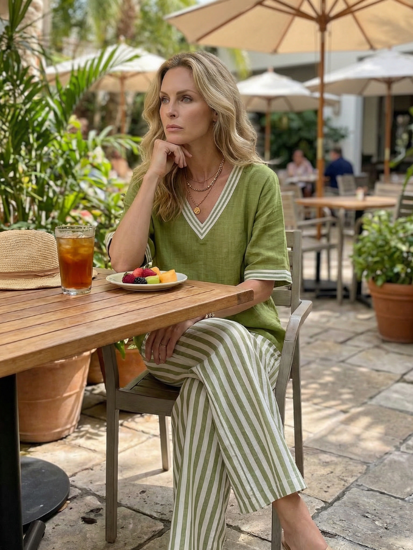 Women’s Tunic &Stripe Trouser Set with V-Neck for Summer