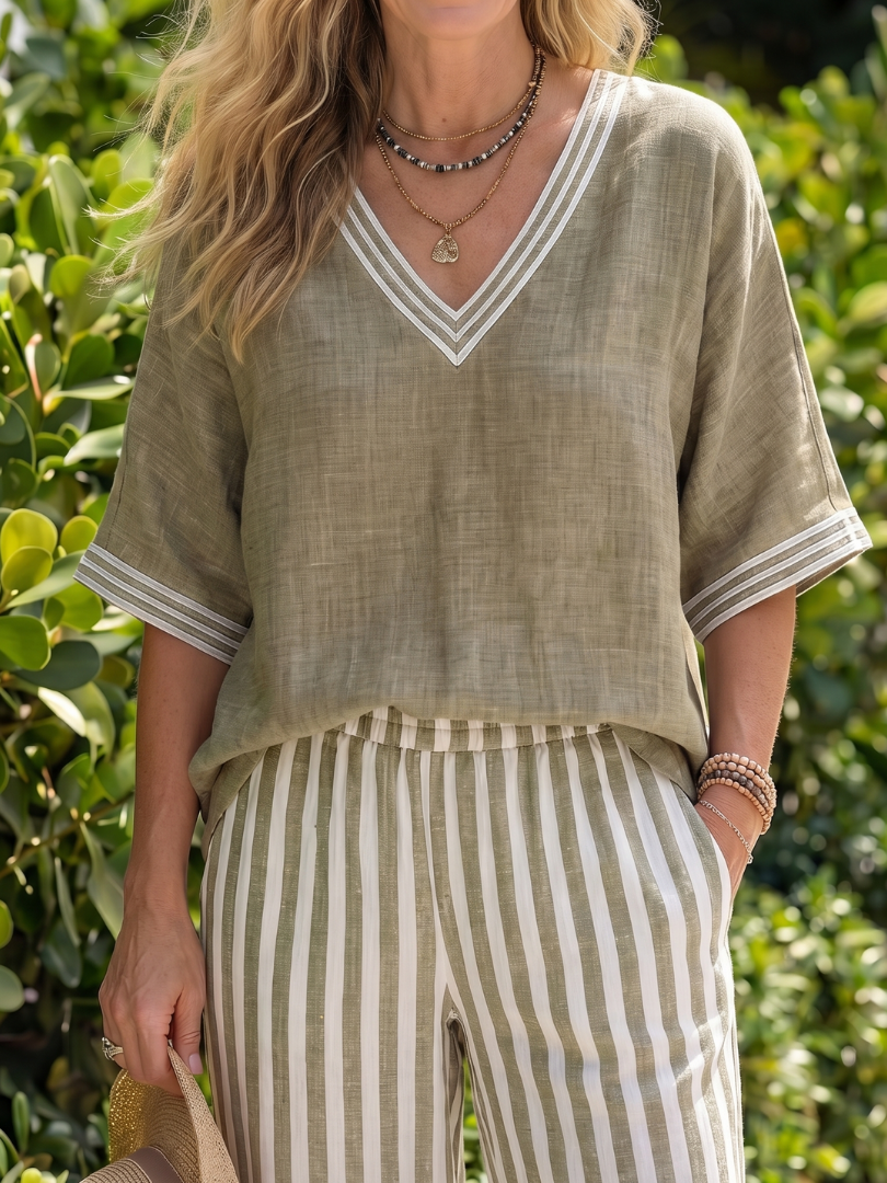 Women’s Tunic &Stripe Trouser Set with V-Neck for Summer