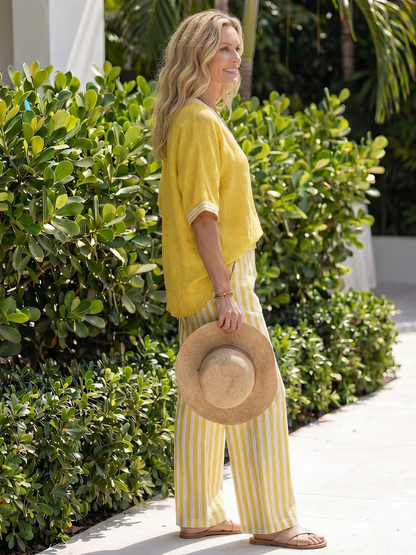 Women’s Tunic &Stripe Trouser Set with V-Neck for Summer