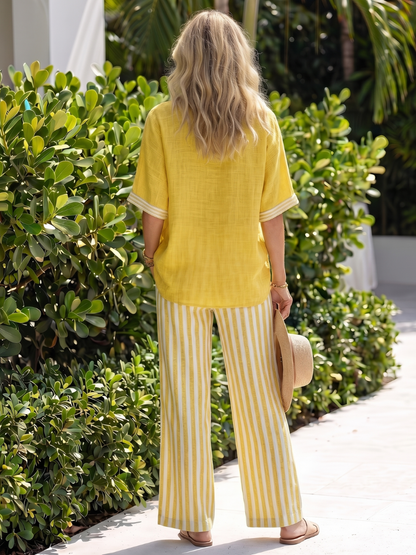 Women’s Tunic &Stripe Trouser Set with V-Neck for Summer