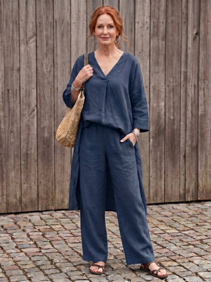 Women's Tunic Top Wide Leg Pant Set - Loose Fit for Casual