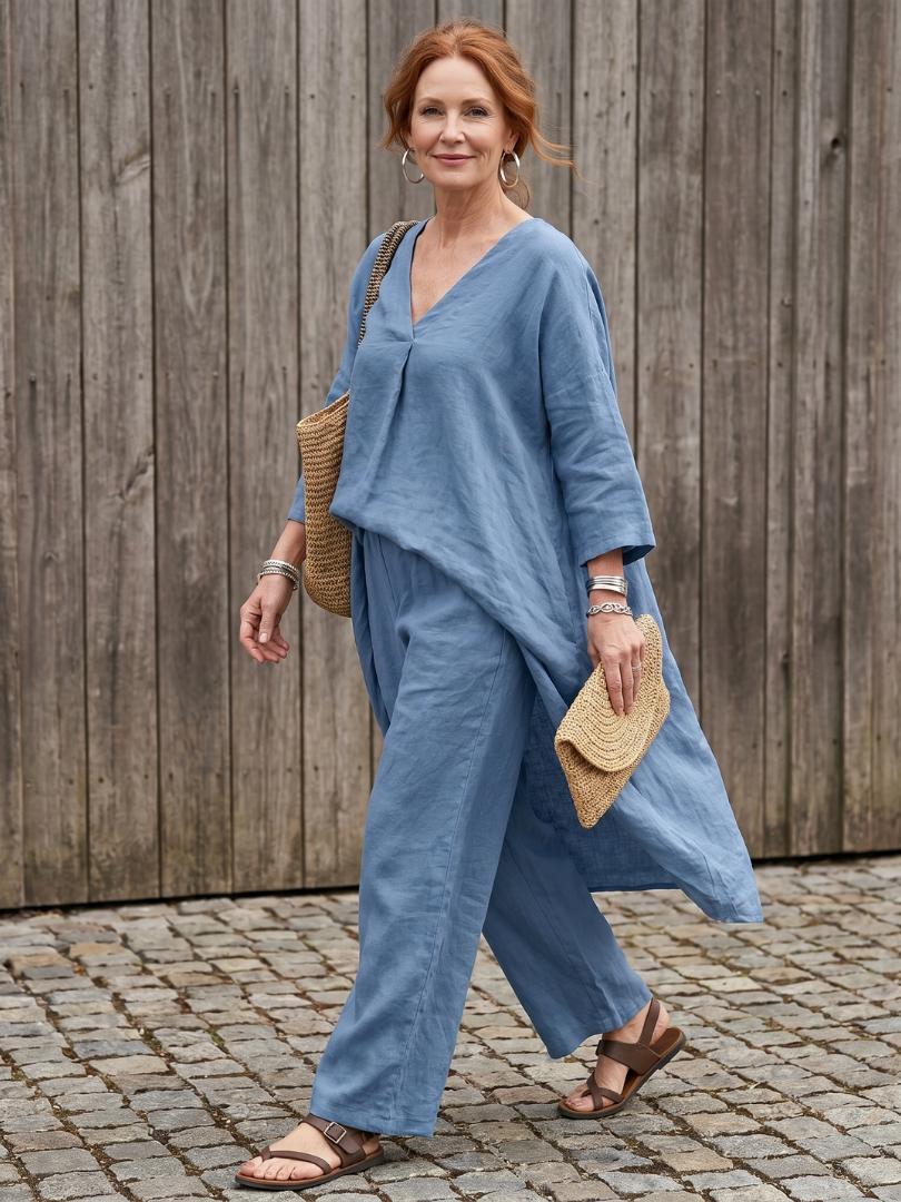 Women's Tunic Top Wide Leg Pant Set - Loose Fit for Casual