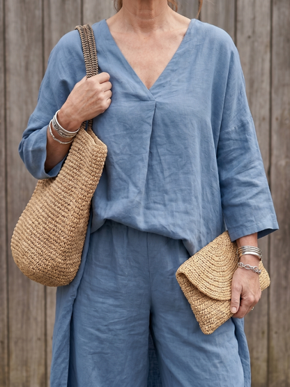 Women's Tunic Top Wide Leg Pant Set - Loose Fit for Casual