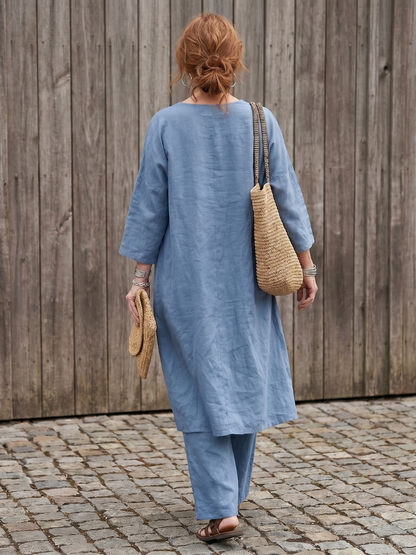 Women's Tunic Top Wide Leg Pant Set - Loose Fit for Casual
