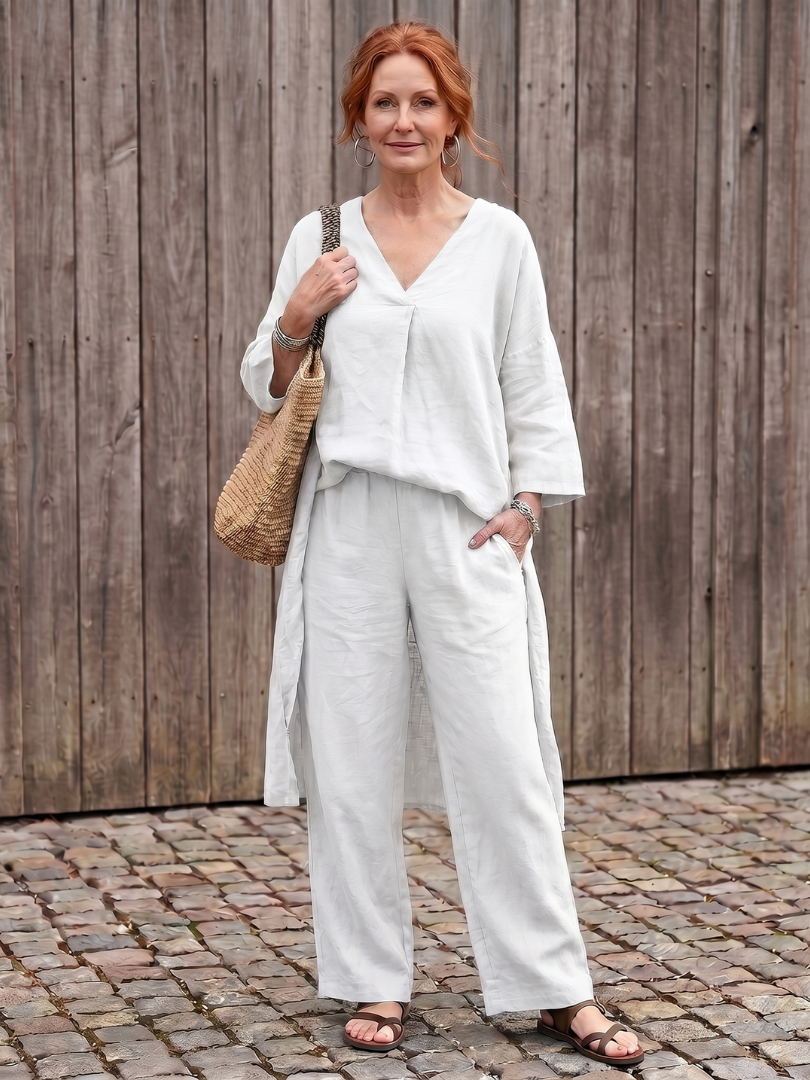 Women's Tunic Top Wide Leg Pant Set - Loose Fit for Casual