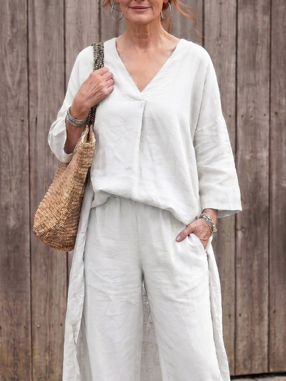 Women's Tunic Top Wide Leg Pant Set - Loose Fit for Casual