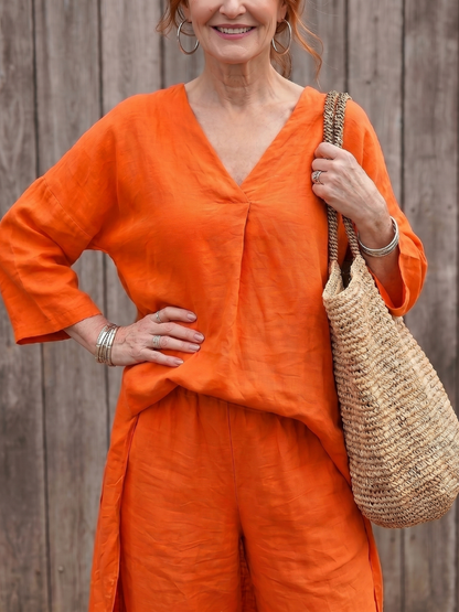 Women's Tunic Top Wide Leg Pant Set - Loose Fit for Casual