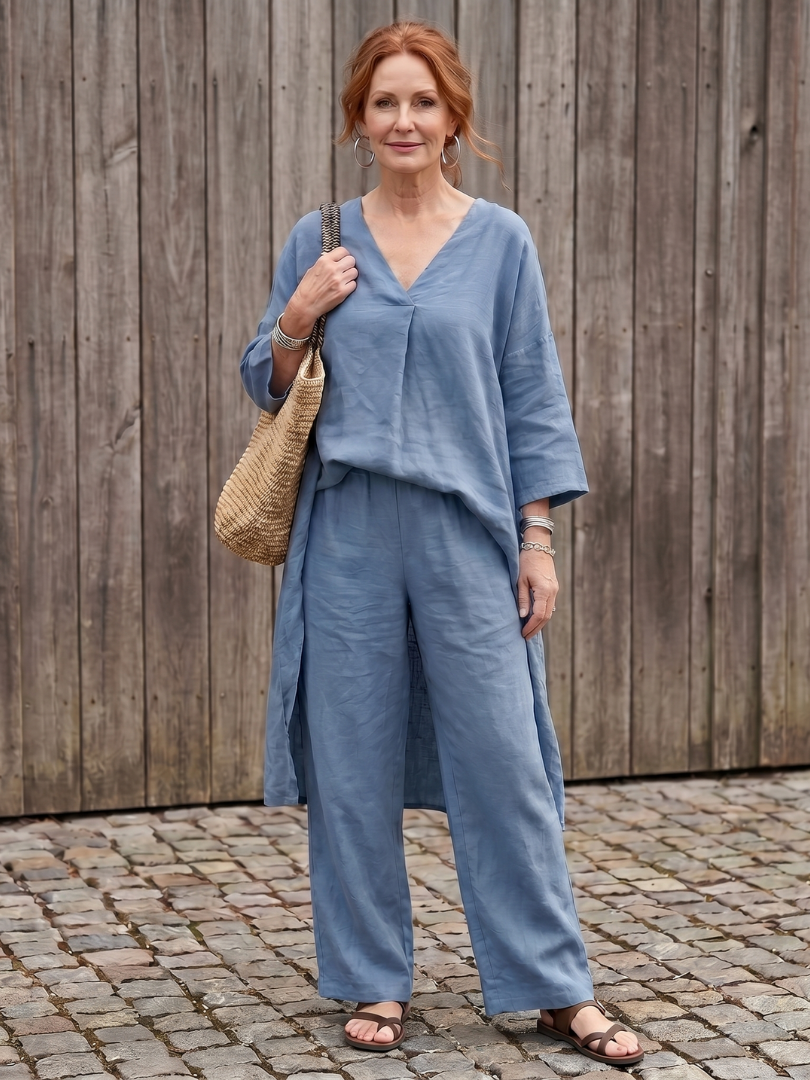 Women's Tunic Top Wide Leg Pant Set - Loose Fit for Casual