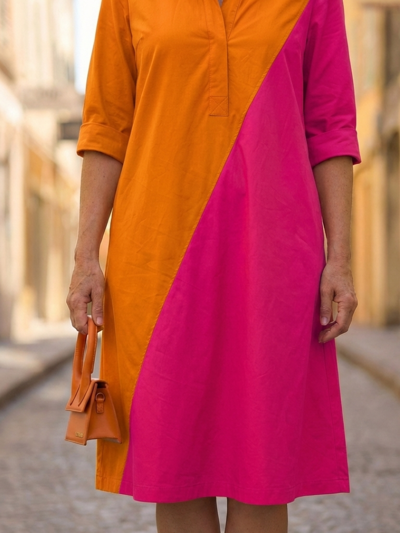 Women's Two-tone Colourblock Dress with Collar for Casual