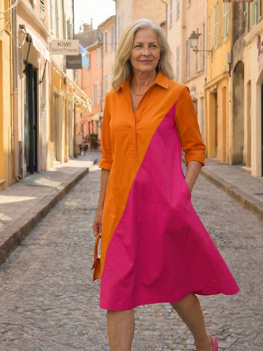 Women's Two-tone Colourblock Dress with Collar for Casual