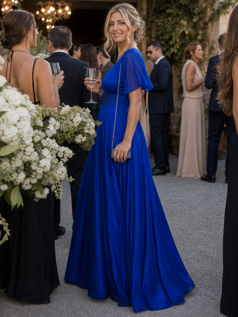 Women's V-Neck Maxi Dress with Embellished Waist for Events