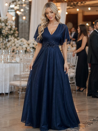 Women's V-Neck Maxi Dress with Embellished Waist for Events