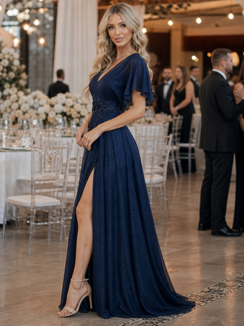 Women's V-Neck Maxi Dress with Embellished Waist for Events